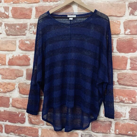 Cotton On Top Shirt Women's Medium Blue Textured Knit Striped Sheer Popover - Picture 3 of 8